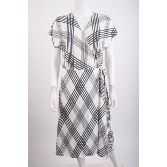 Joie Womans Bethwyn Plaid Wrap Dress Size L Gray White V-Neck short sleeve - Picture 1 of 7